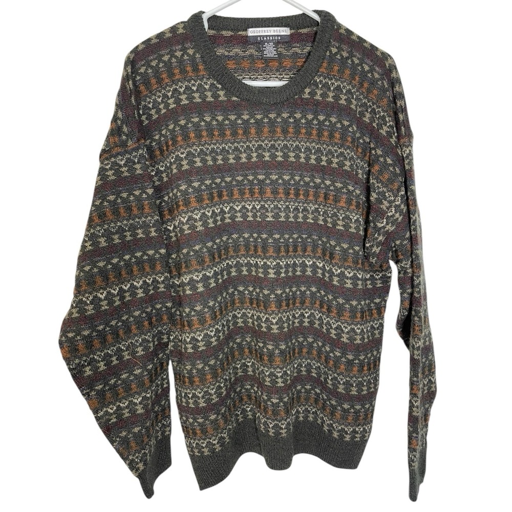 Geoffrey Beene XL Gray Fair‎ Isle Knit Crewneck Sweater Earth Tone Grandpa Core